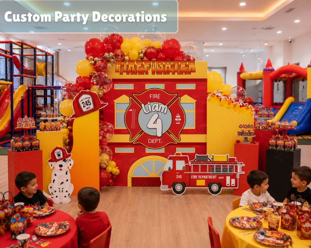 Personalized firefighter birthday backdrop with a red fire station arch, fire truck cutout, dalmatian figure and balloon decor in an indoor kids party venue.