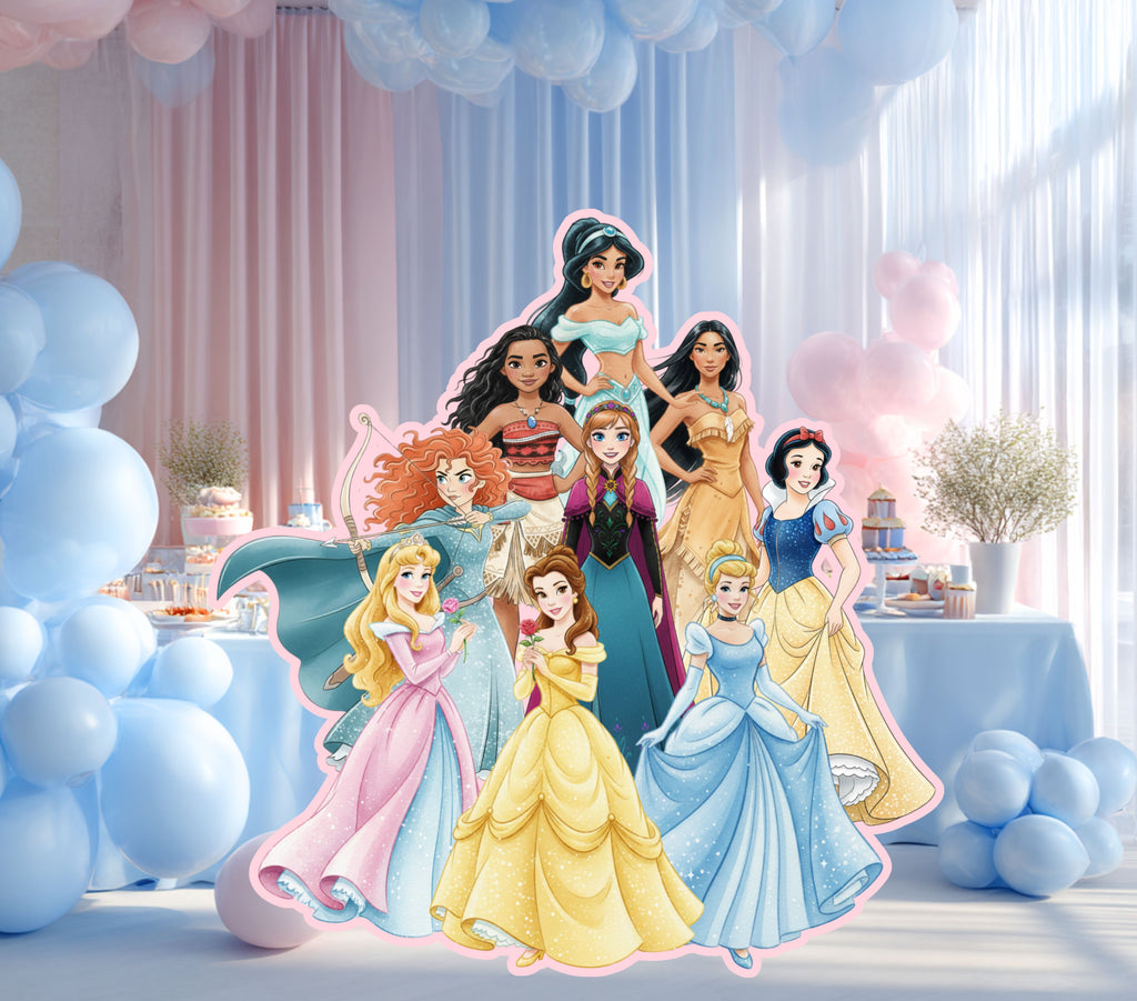 Large princess cutout group displayed with light blue draping and pastel party decor for a magical girls birthday celebration.