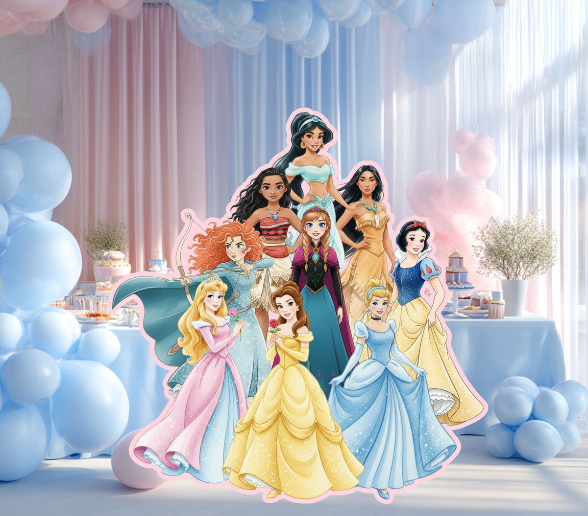 Large princess cutout group displayed with light blue draping and pastel party decor for a magical girls birthday celebration.