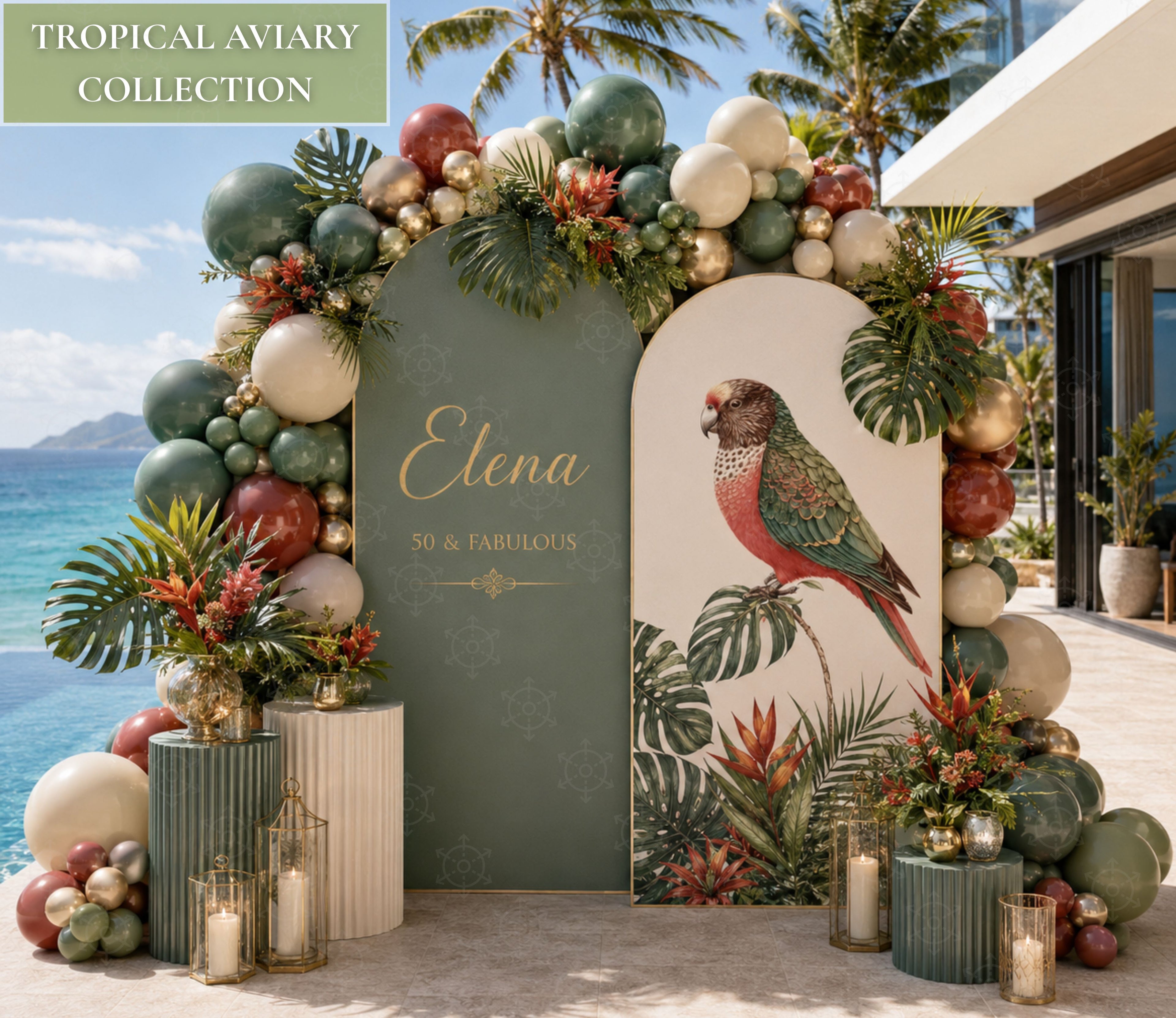 Green tropical bird birthday backdrop with parrot decor, lush florals and personalized party decorations