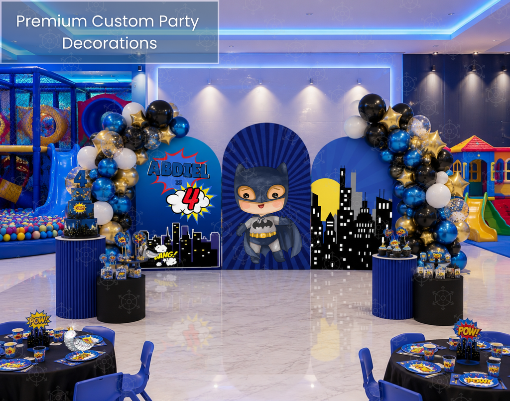 Superhero First Birthday Backdrop & Cutouts | Personalized Comic City Party Decorations