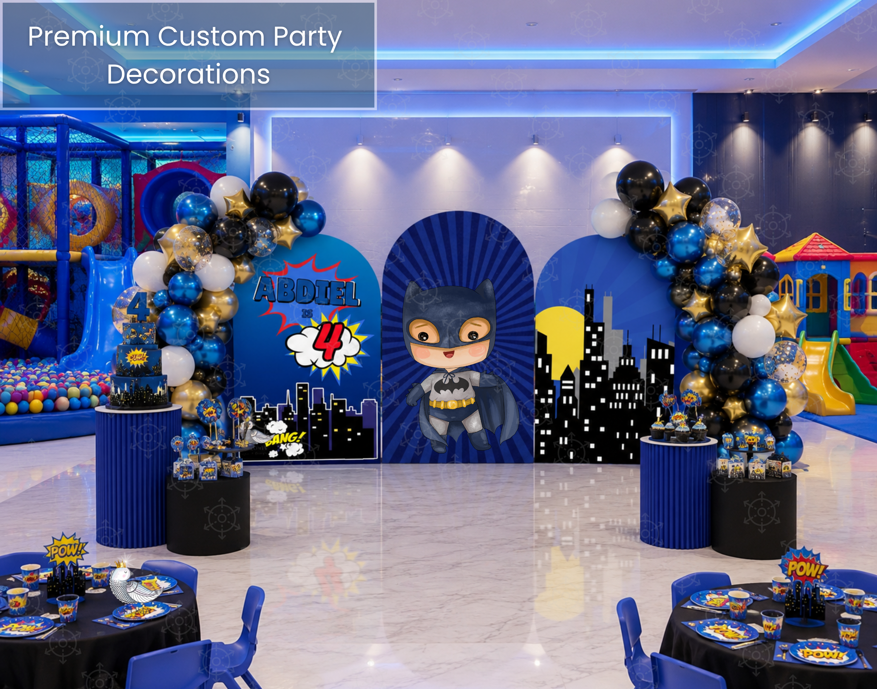 Superhero First Birthday Backdrop & Cutouts | Personalized Comic City Party Decorations