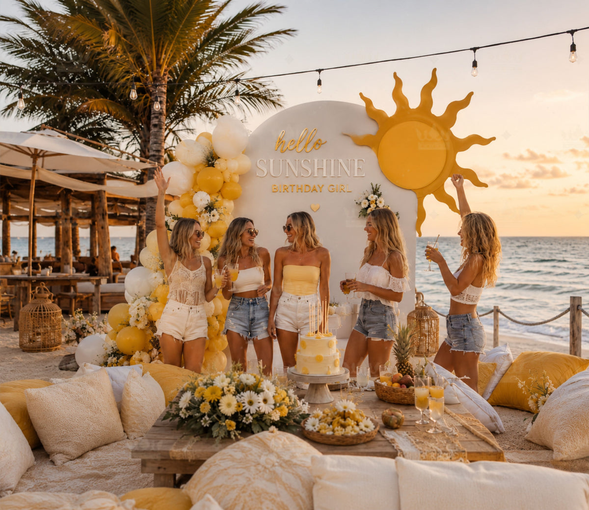Luxury summer birthday party backdrop with sun themed decor and tropical poolside celebration setup