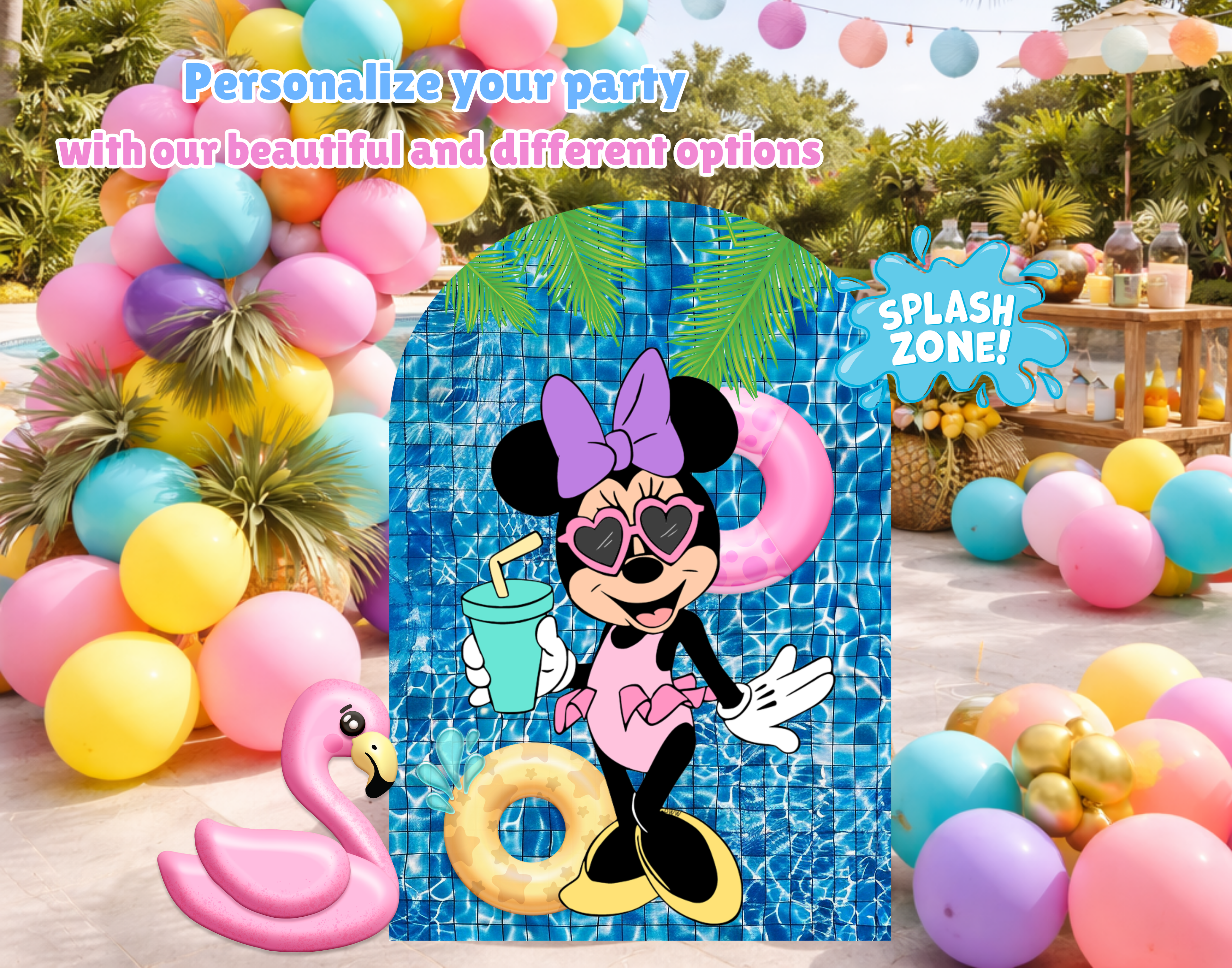 Personalized Minnie Mouse pool party backdrop with tropical balloons, inflatable pool floats and colorful summer birthday decorations by the pool.