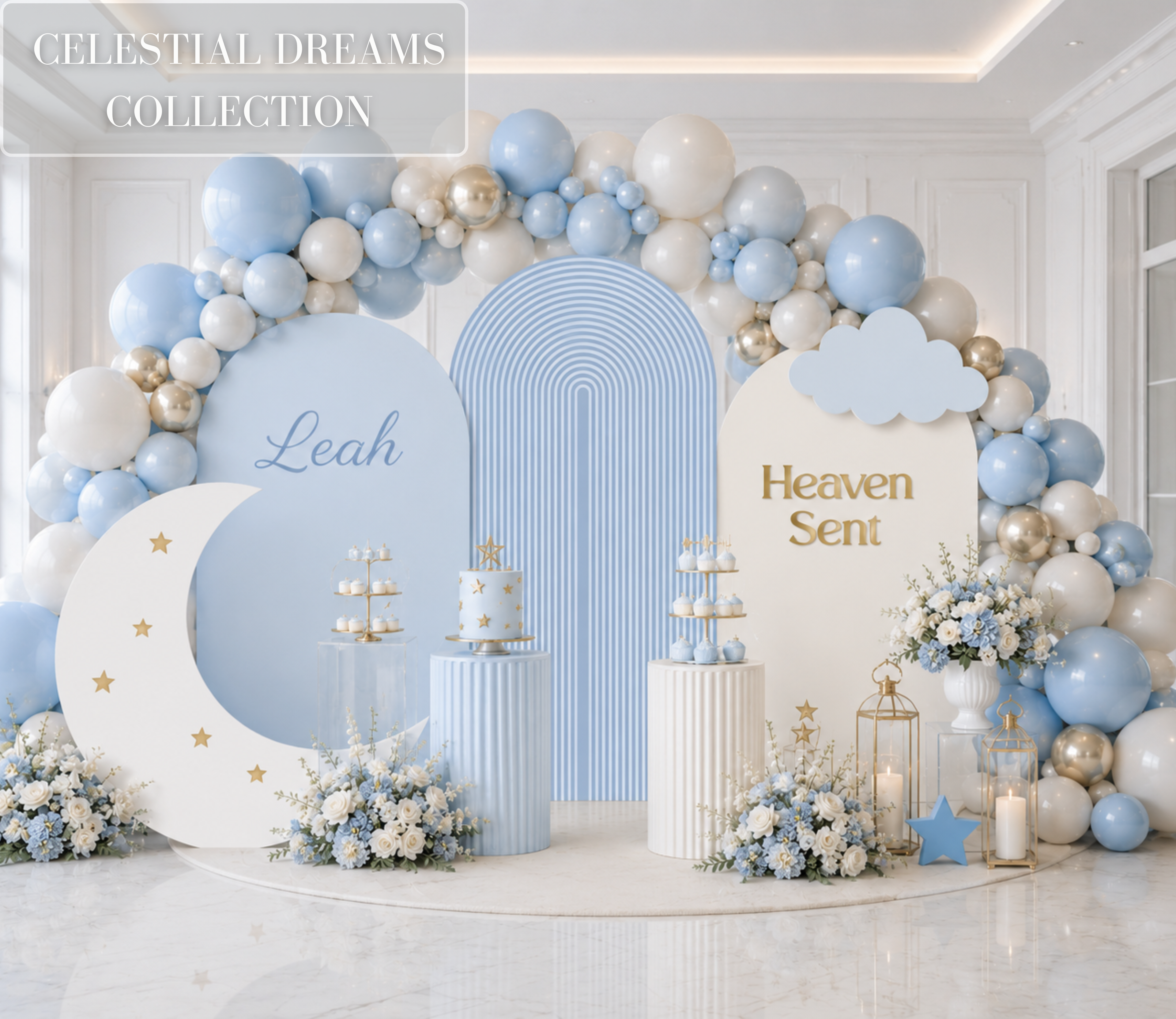 Personalized Heaven Sent baby shower backdrop with light blue arches, moon and cloud cutouts, white blue balloons and celestial baby boy decorations.