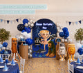 Personalized Italian Brainrot birthday backdrop with navy blue balloon garland, funny meme character cutouts and colorful kids party decorations.