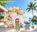 Personalized tropical birthday backdrop with Hawaiian character cutouts, palm trees, pastel balloons and colorful floral party decorations.
