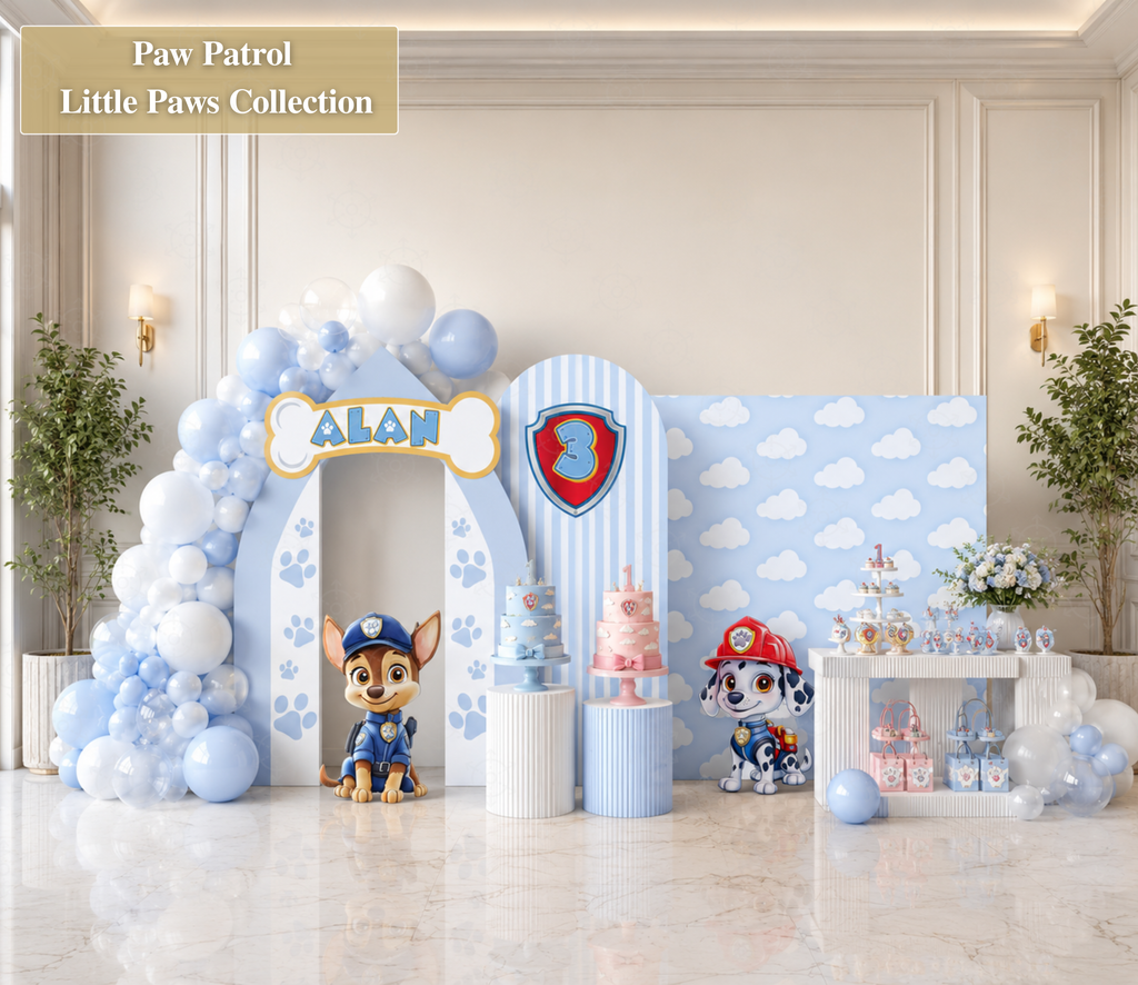 Personalized puppy rescue birthday backdrop and cutouts with blue and white balloon decorations