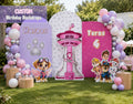 Outdoor pink puppy birthday setup with custom backdrop panels, balloon garland and character cutouts for a personalized celebration.