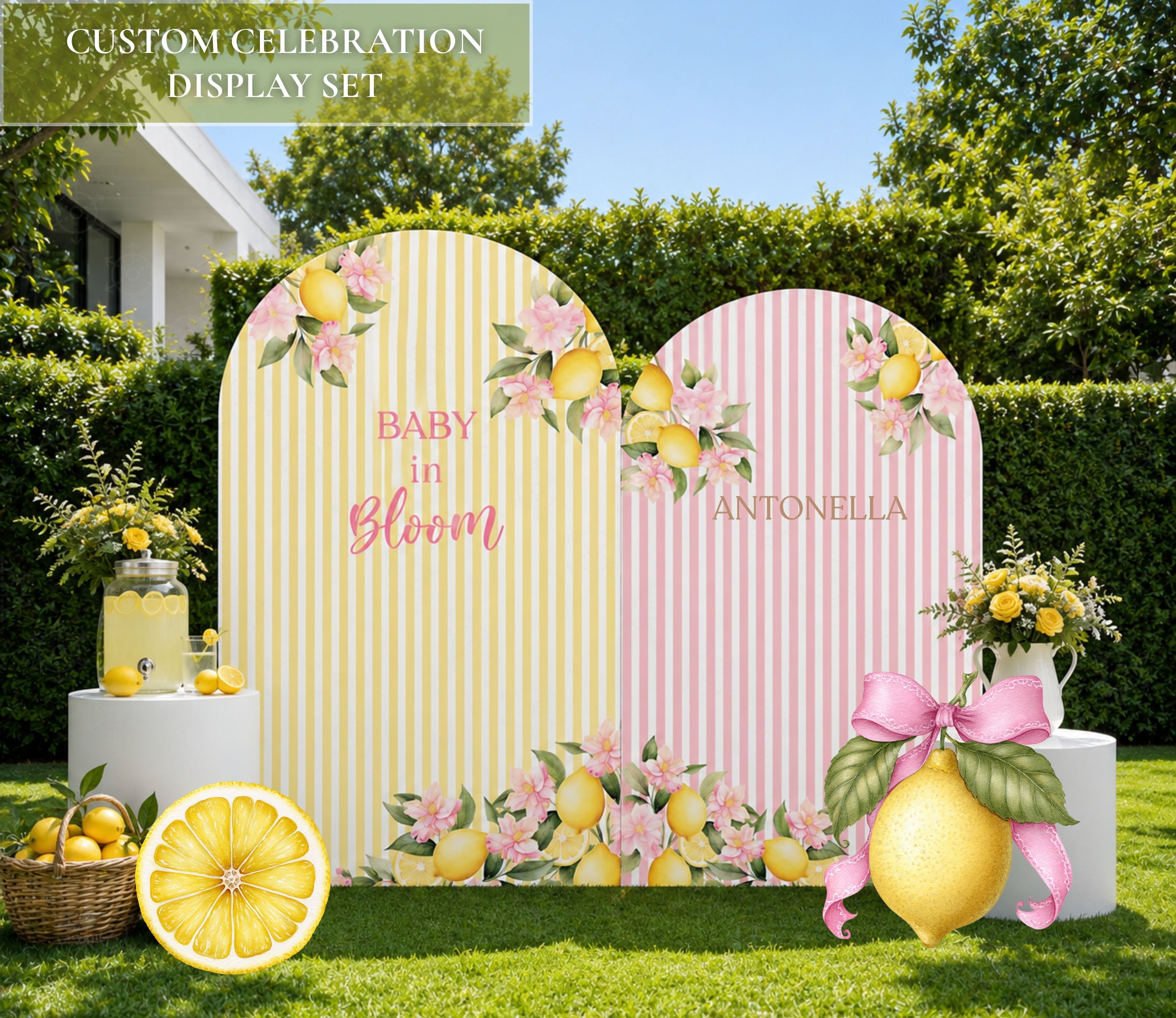 Personalized lemon party backdrop in pastel yellow and pink with floral details and lemon cutouts