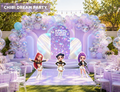 Chibi teen idol concert birthday backdrop with lavender balloon garland, outdoor stage-inspired setup and personalized party decorations.