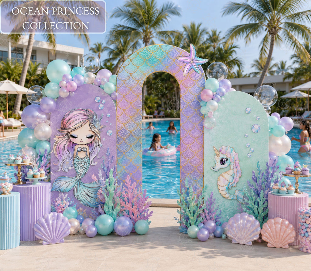 Personalized mermaid birthday backdrop set with pastel ocean princess cutouts and under the sea party decor