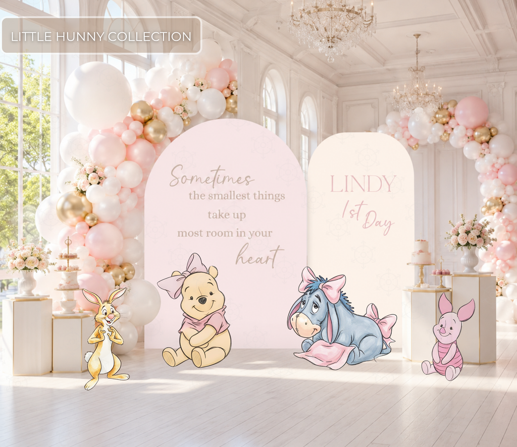 Personalized Honey Bear baby shower backdrop and cutouts in soft pastel pink and blue storybook party decor.