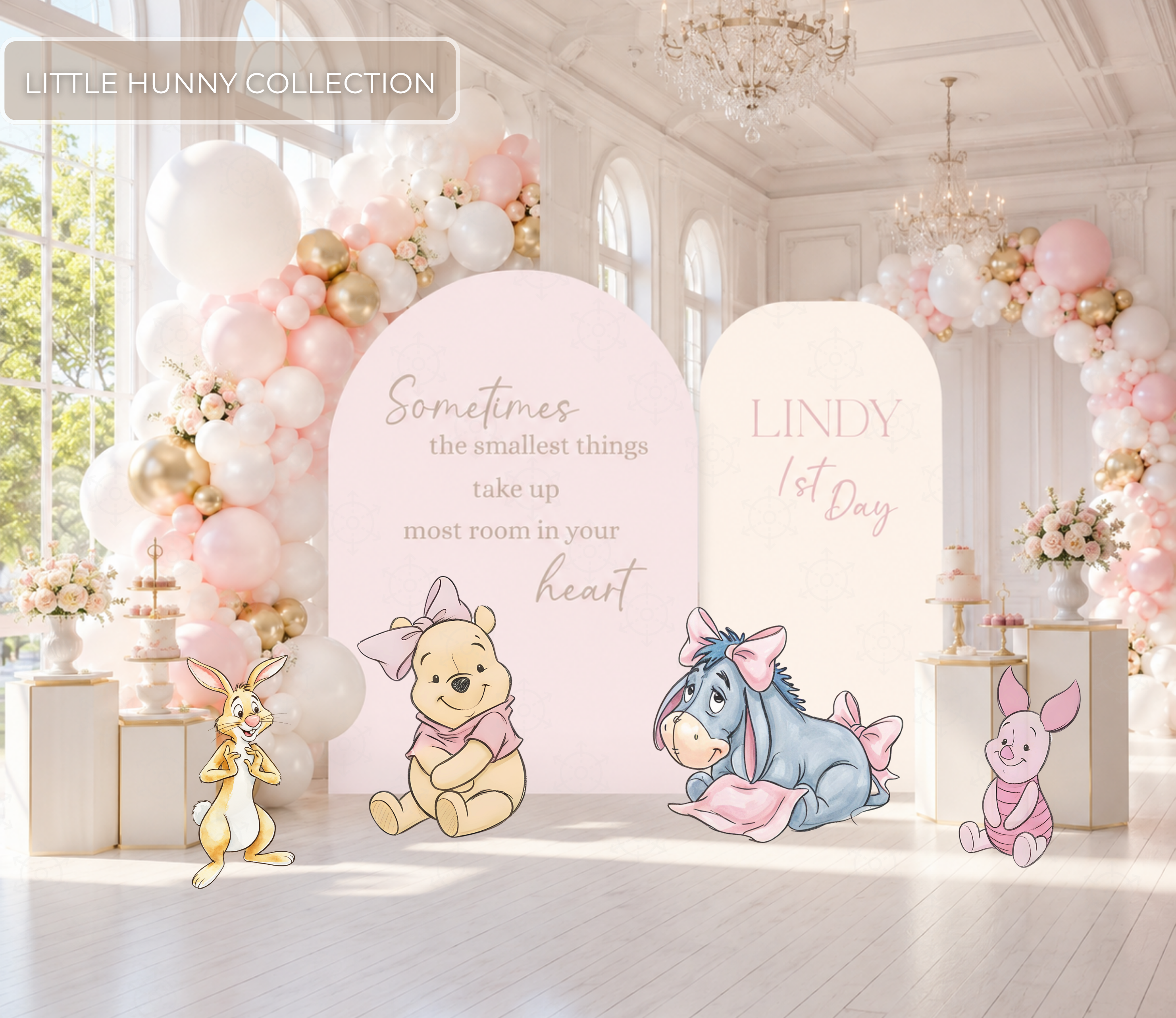 Personalized Honey Bear baby shower backdrop and cutouts in soft pastel pink and blue storybook party decor.