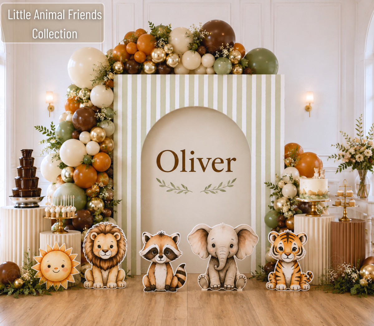 Personalized little animal friends birthday backdrop with Oliver name, neutral balloons and woodland animal cutouts