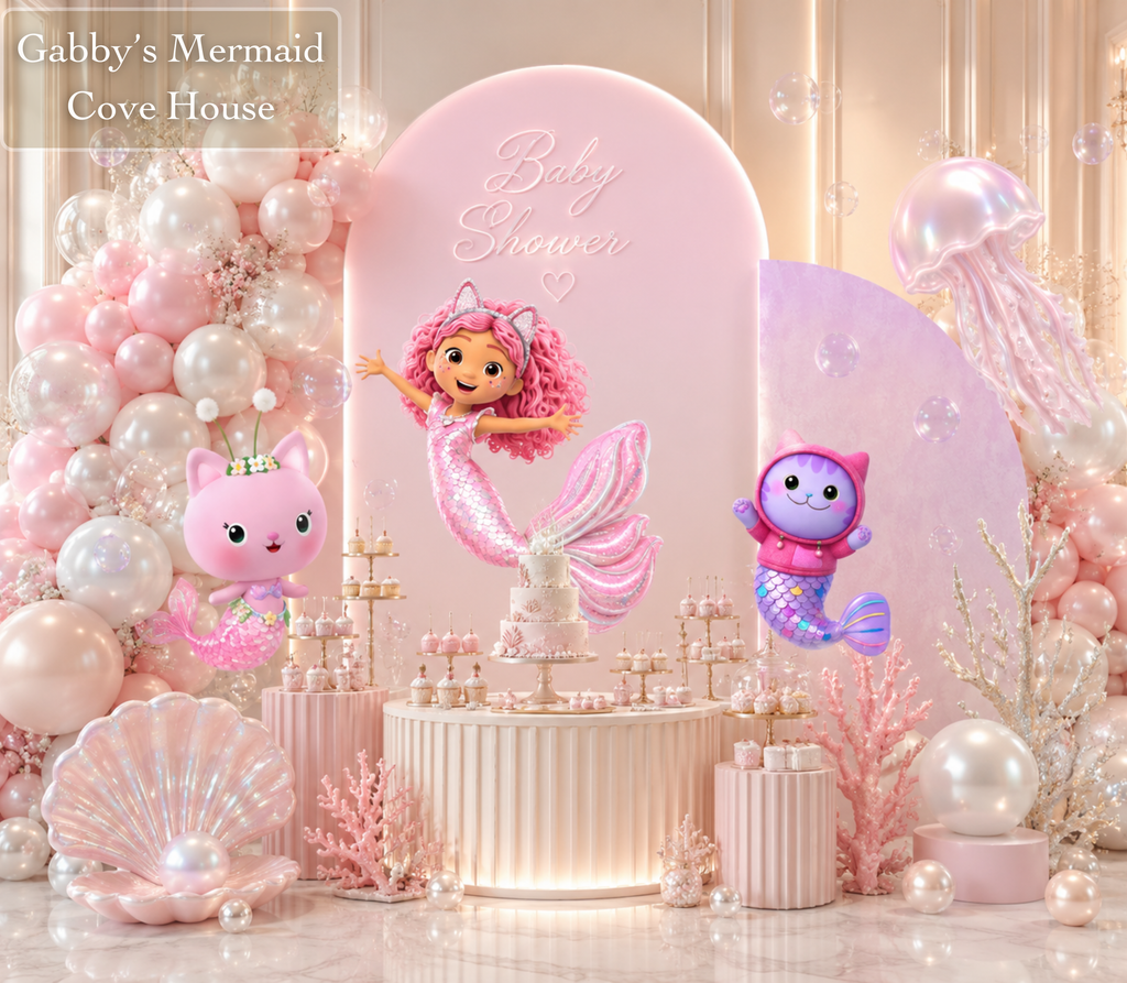 Gabby's Dollhouse mermaid birthday backdrop with pastel pink panels, balloons and mermaid character cutouts