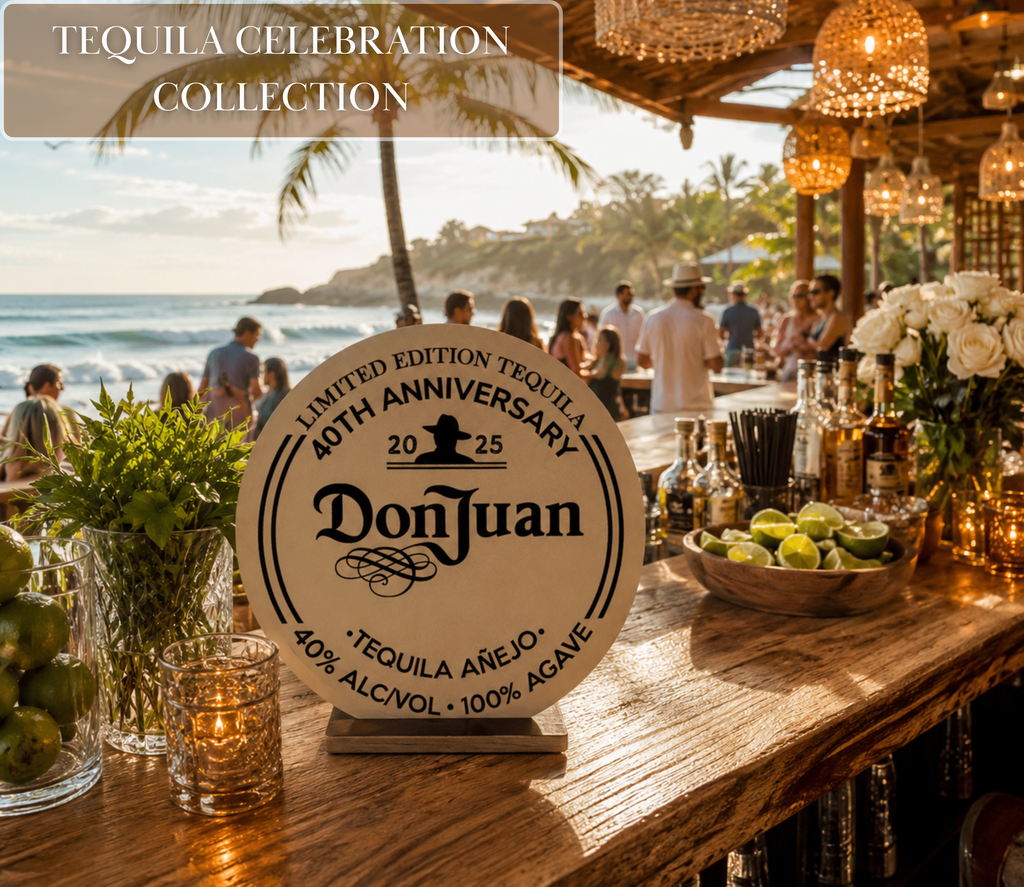 Personalized tequila bar sign with rustic agave inspired design, custom name and birthday details displayed at an elegant outdoor Mexican fiesta.
