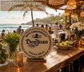 Personalized tequila bar sign with rustic agave inspired design, custom name and birthday details displayed at an elegant outdoor Mexican fiesta.