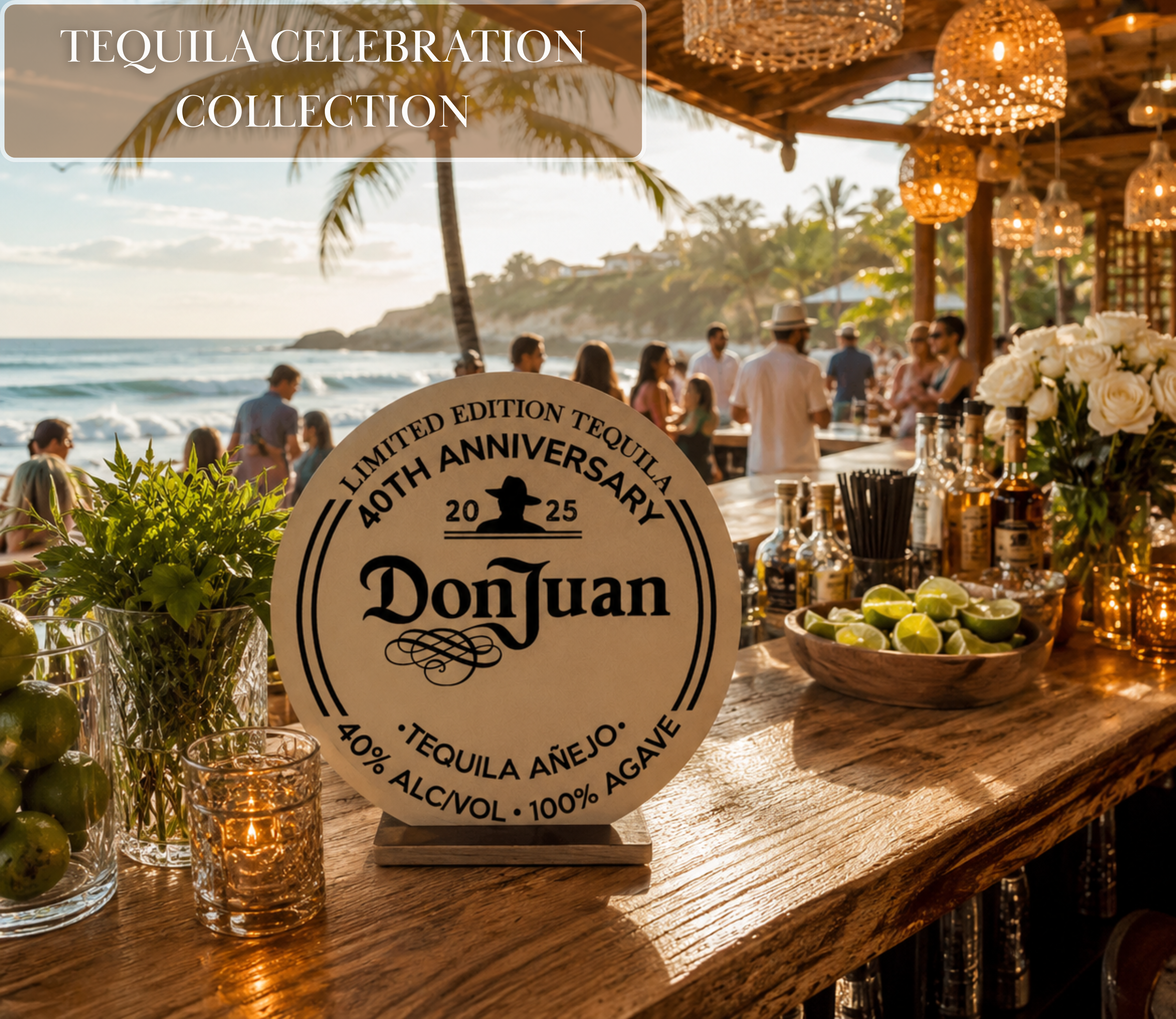 Personalized tequila bar sign with rustic agave inspired design, custom name and birthday details displayed at an elegant outdoor Mexican fiesta.