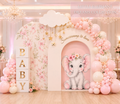 Personalized pink baby elephant backdrop and cutouts with floral balloons and BABY blocks for a sweet baby celebration.