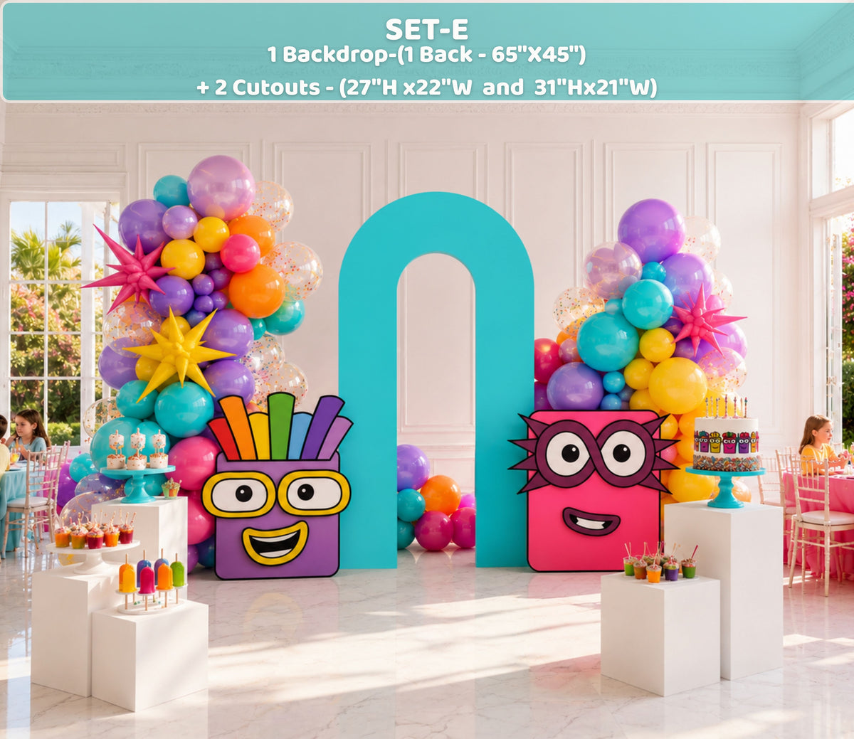 Personalized Numberblocks party backdrop with colorful arch panels, number character cutouts and rainbow balloon decorations.