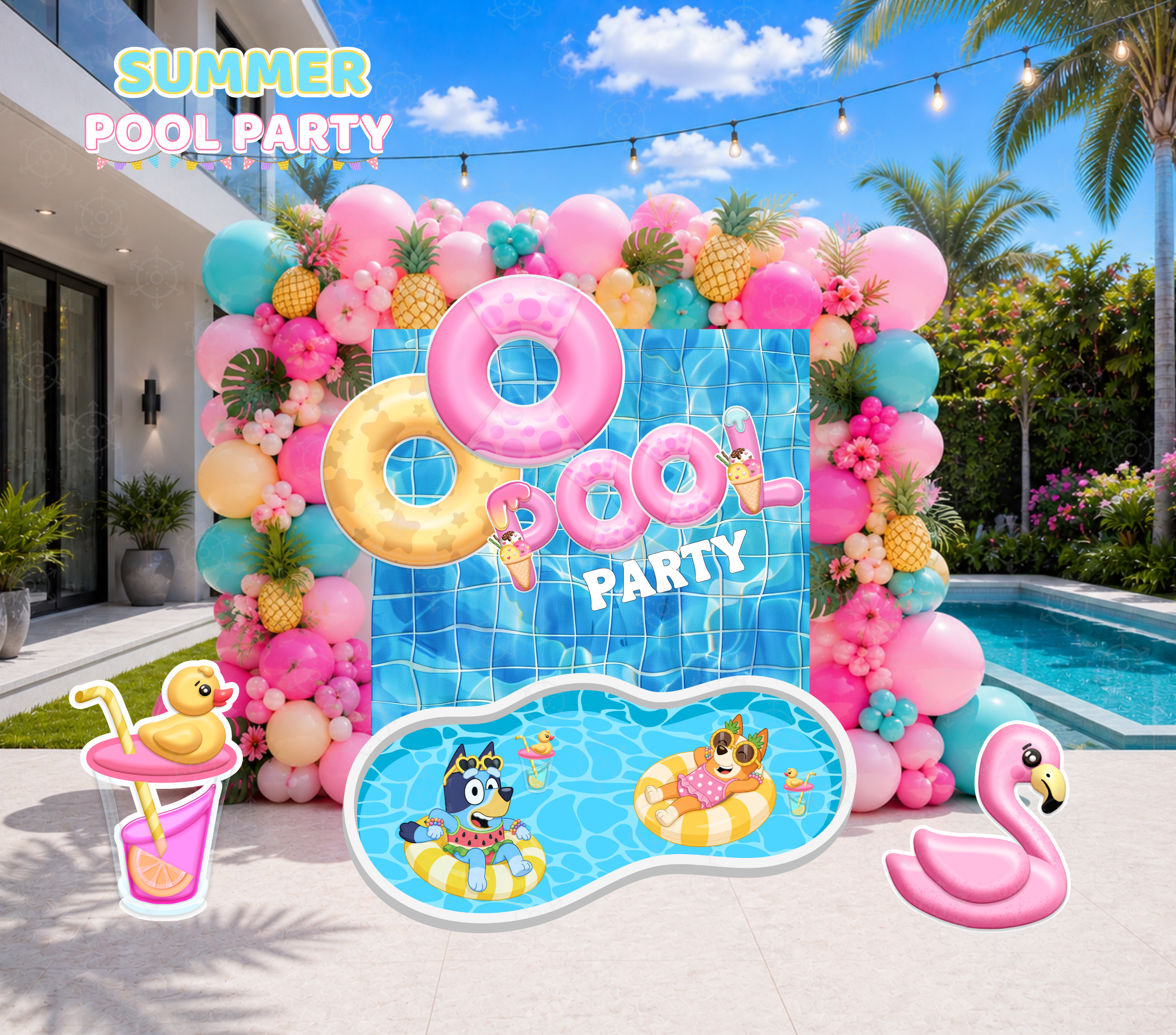 Personalized Blue Puppy Pool Party Backdrop & Cutouts | Summer Birthday Party Decorations