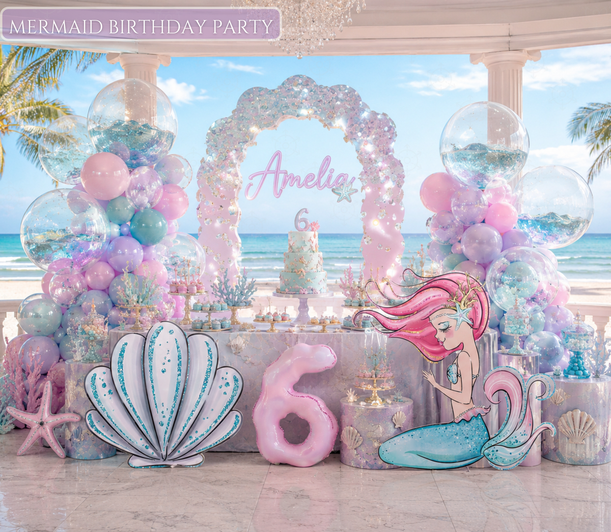 Personalized mermaid birthday backdrop with pastel pink aqua and lavender balloons, seashell cutouts and under the sea party decorations.