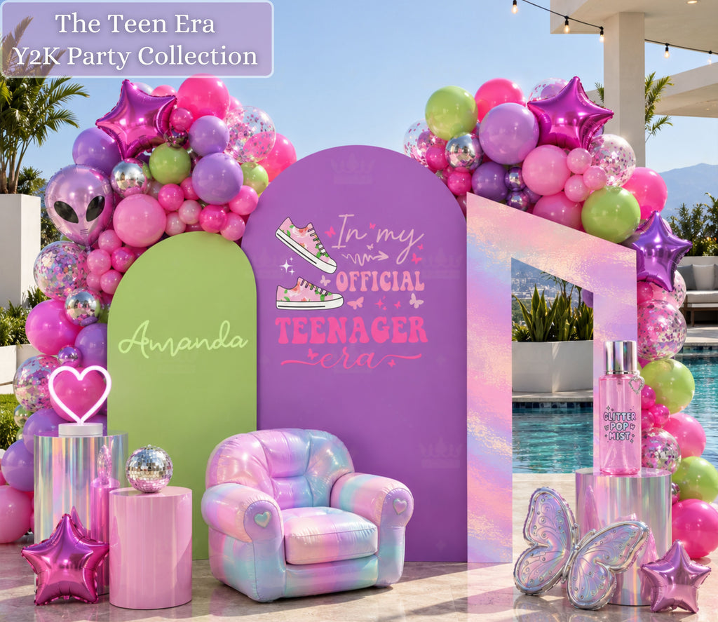 Personalized teen girl birthday backdrop with bright pink and green arch panels, colorful balloon garland and trendy photo booth party decor.