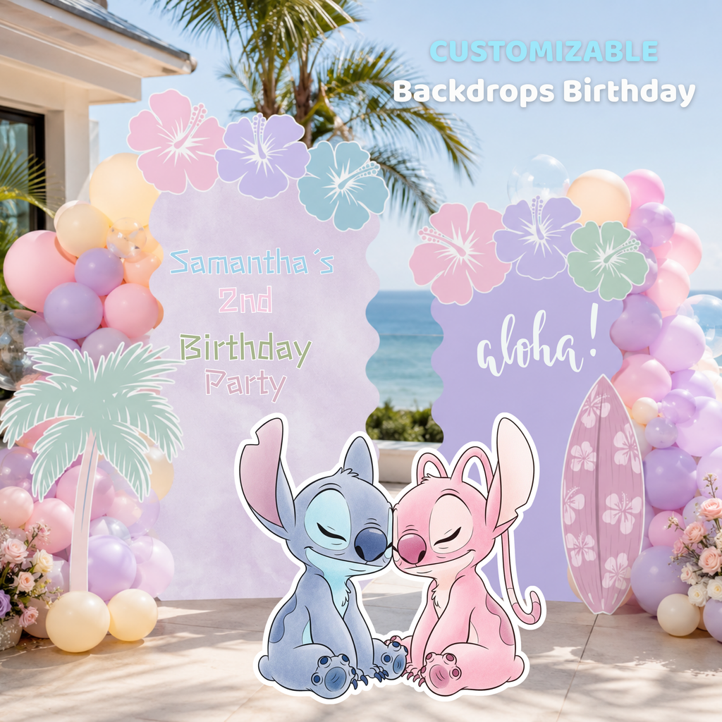 Pastel Blue Alien Beach Birthday Backdrop & Cutouts | Personalized Tropical Kids Party Decorations