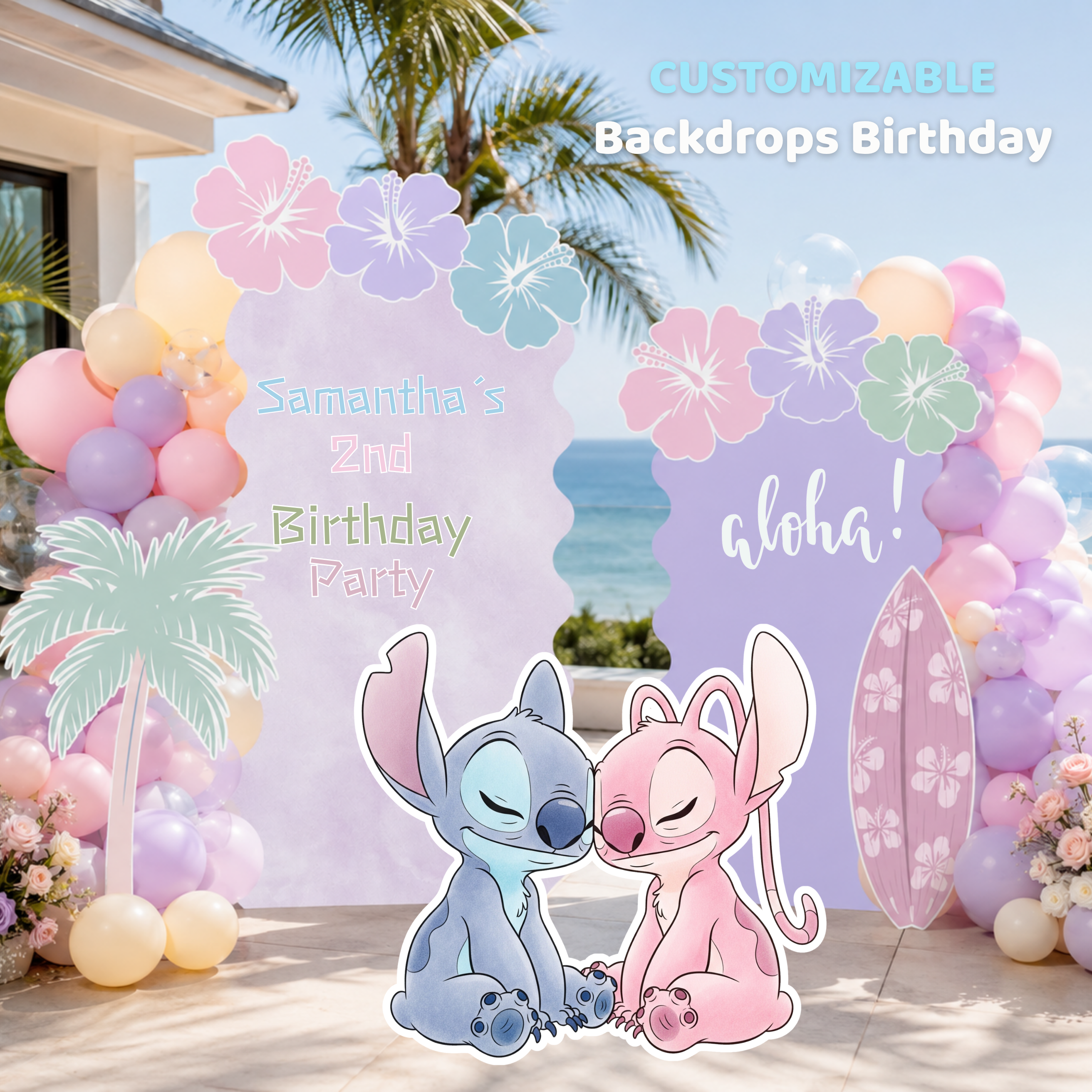Pastel Blue Alien Beach Birthday Backdrop & Cutouts | Personalized Tropical Kids Party Decorations