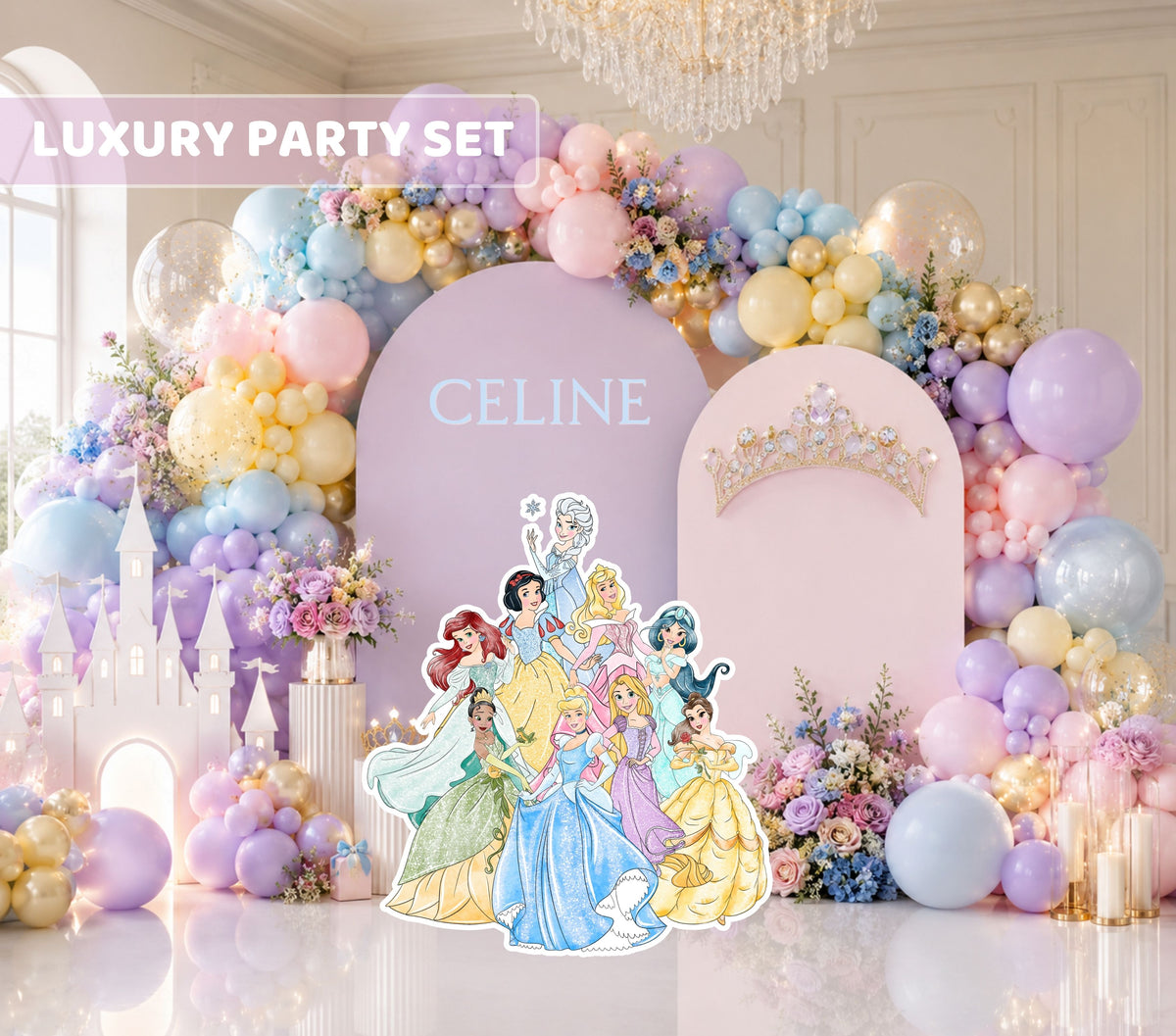 Personalized princess birthday backdrop with pastel balloon garlands, layered arch panels and princess character cutouts for a luxury girls party.