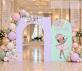 Personalized ballerina birthday backdrop with pastel pink, lavender and mint arch panels, balloon garland and elegant ballet party decor.