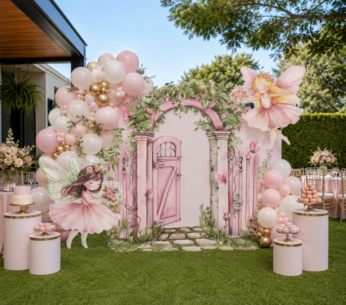 Fairy birthday party backdrop displayed outdoors with pink arch panels, floral decor and whimsical enchanted garden styling.