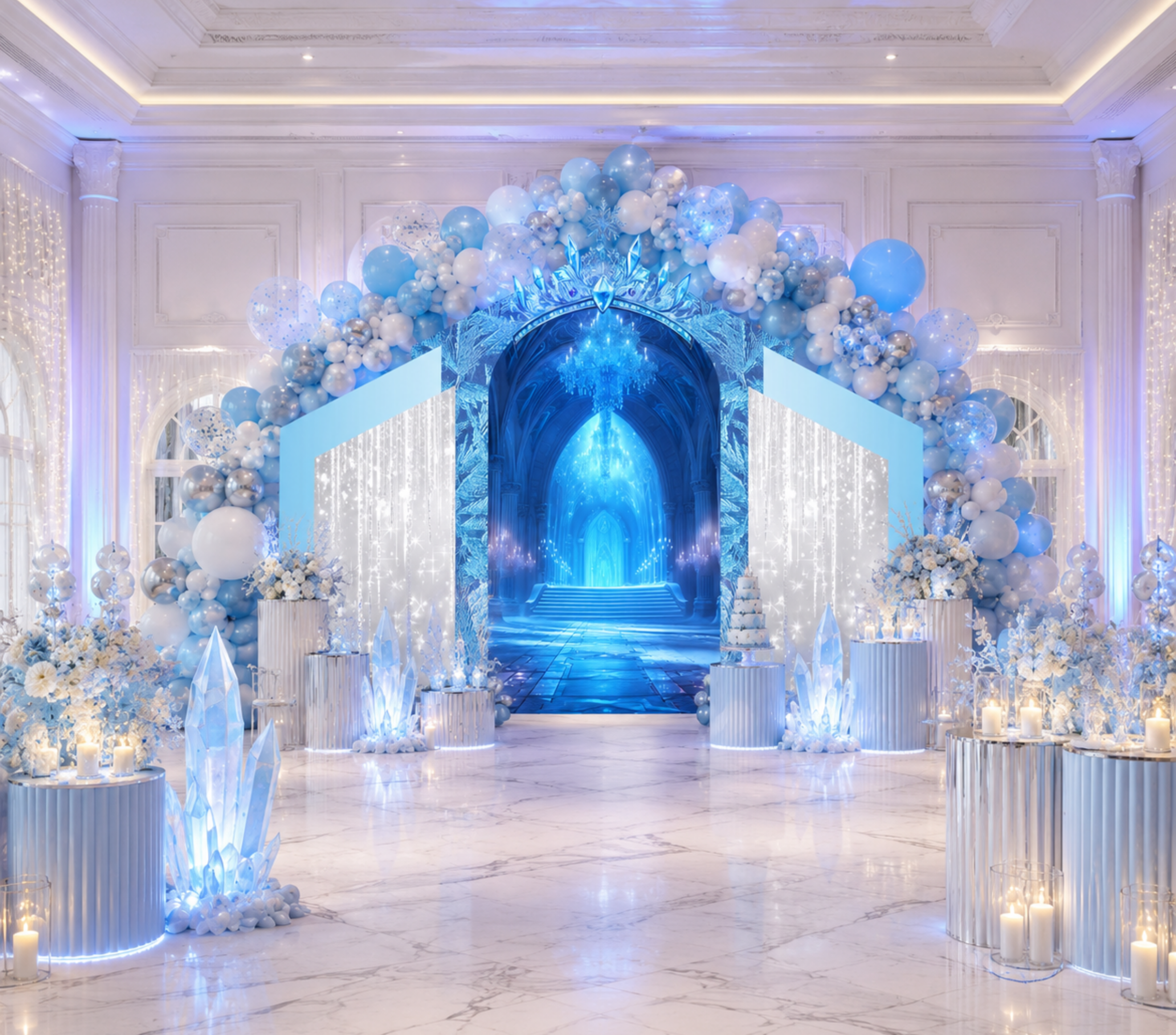Snow Queen Princess Ice Castle Backdrop | Personalized 3-Panel Arch Birthday Party Decor