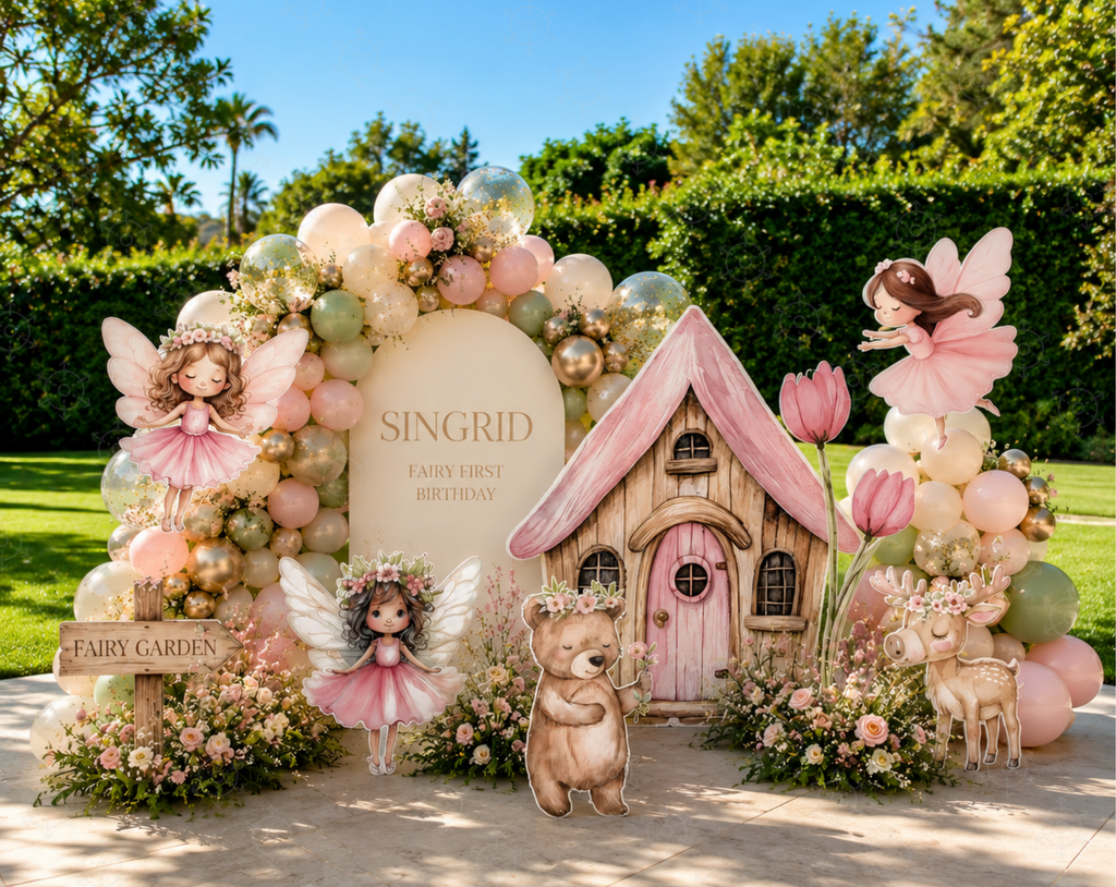 Fairy First Birthday Backdrop & Cutouts | Personalized Enchanted Garden Party Decorations