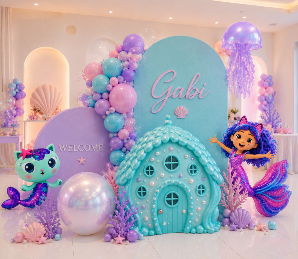 Aqua and lavender Gabby's Dollhouse mermaid backdrop with pastel ocean decorations and character cutout