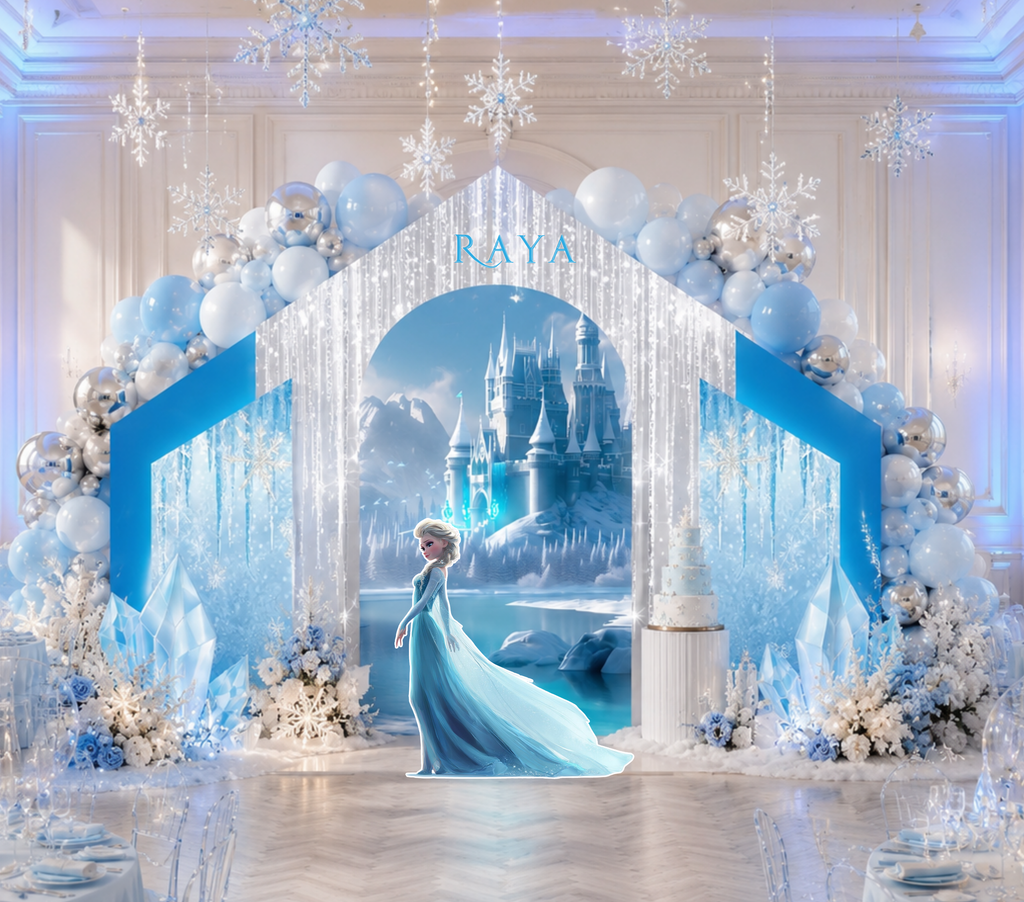 Snow Queen Princess Ice Castle Backdrop | Personalized 3-Panel Arch Birthday Party Decor