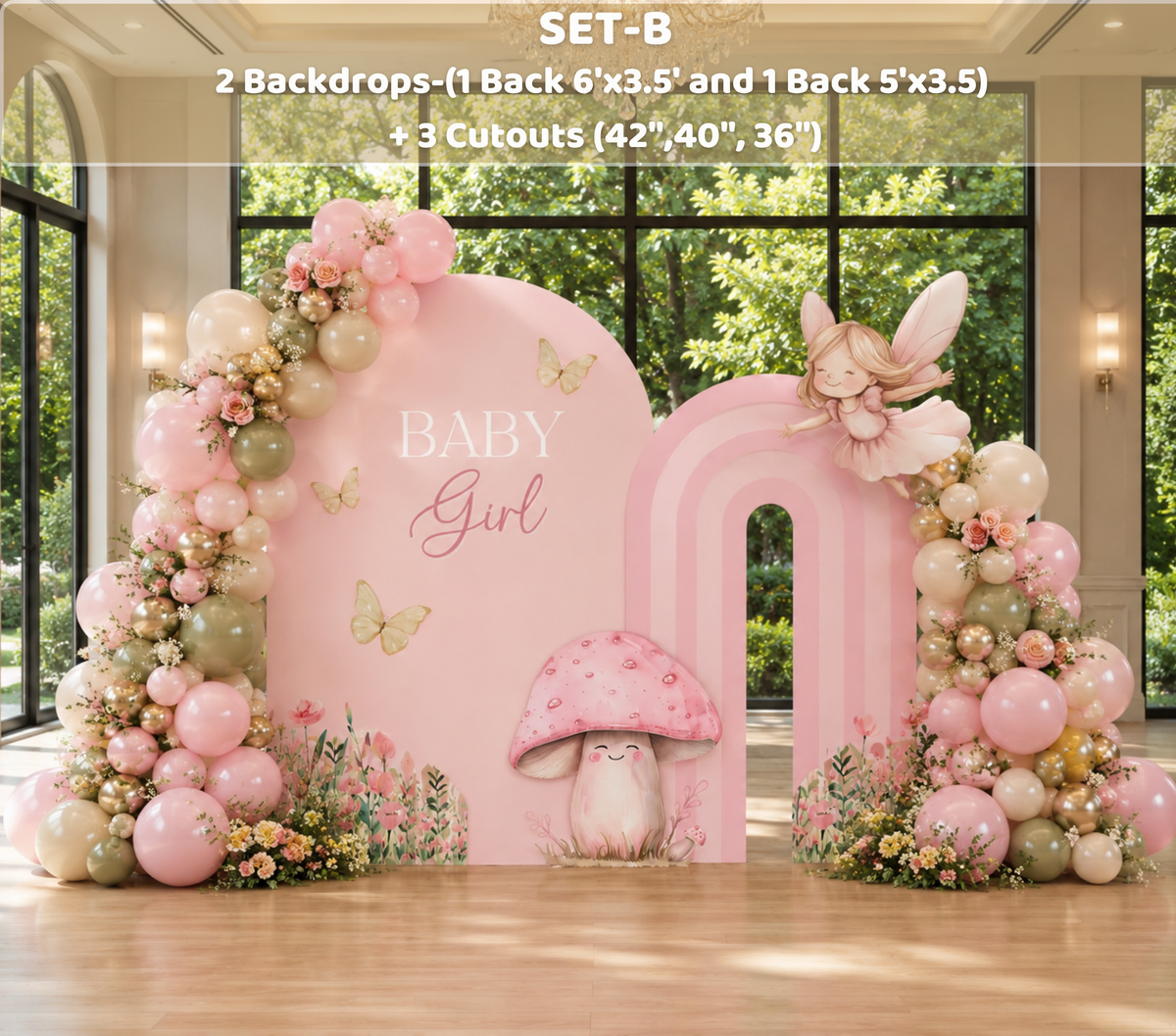 Enchanted fairy birthday backdrop with blush pink arches, floral accents and pastel party decorations in a bright indoor venue.