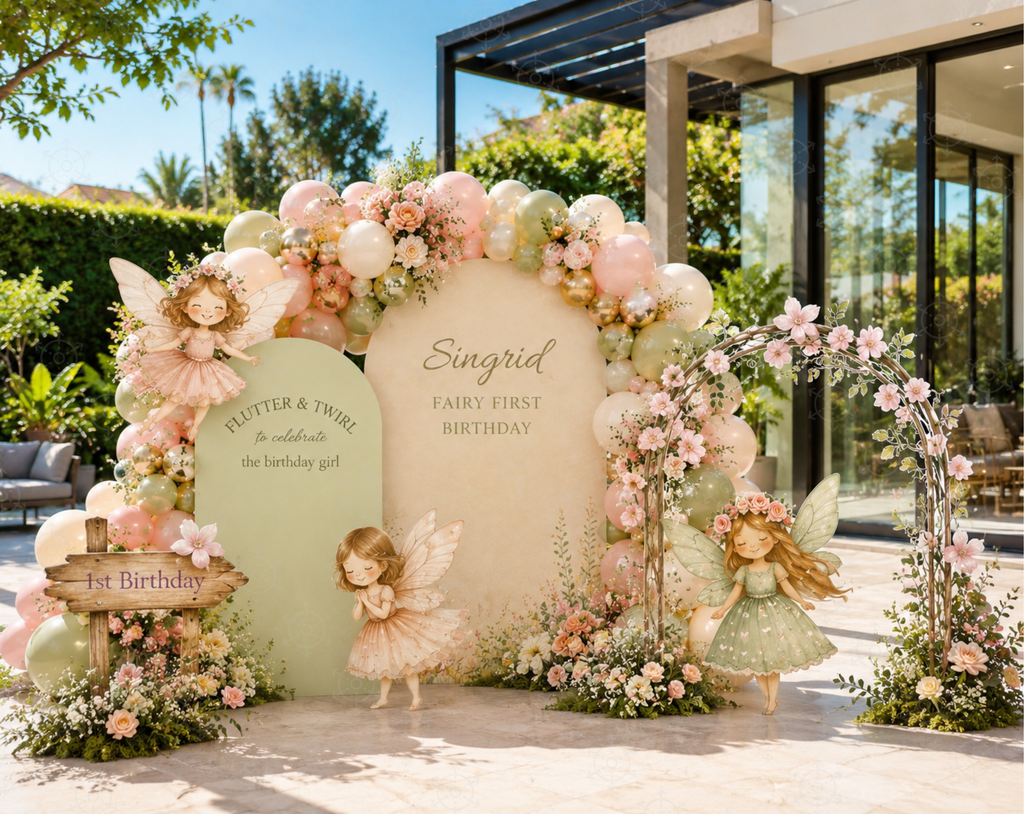 Fairy First Birthday Backdrop & Cutouts | Personalized Enchanted Garden Party Decorations