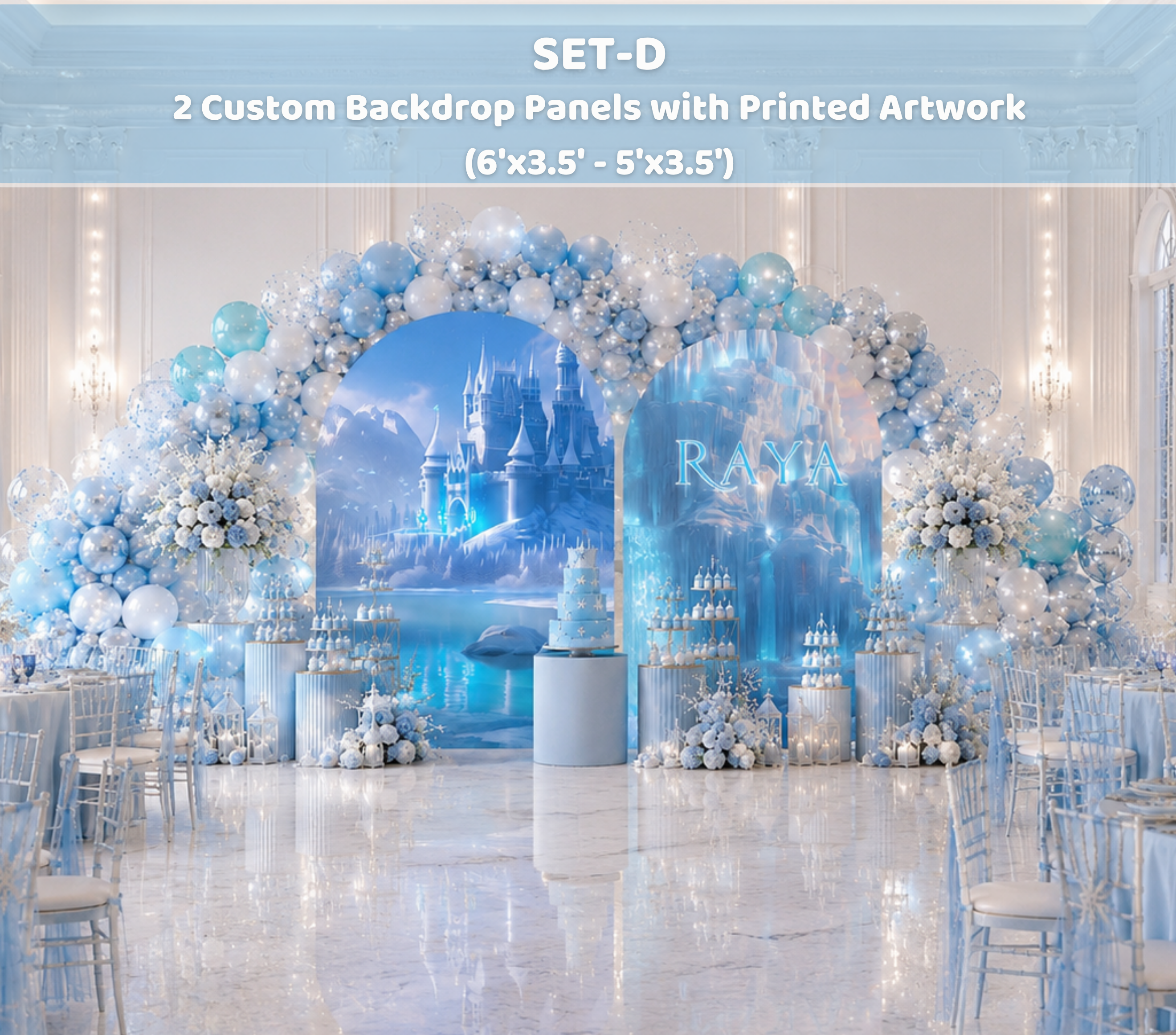 Snow Queen Princess Ice Castle Backdrop | Personalized 3-Panel Arch Birthday Party Decor