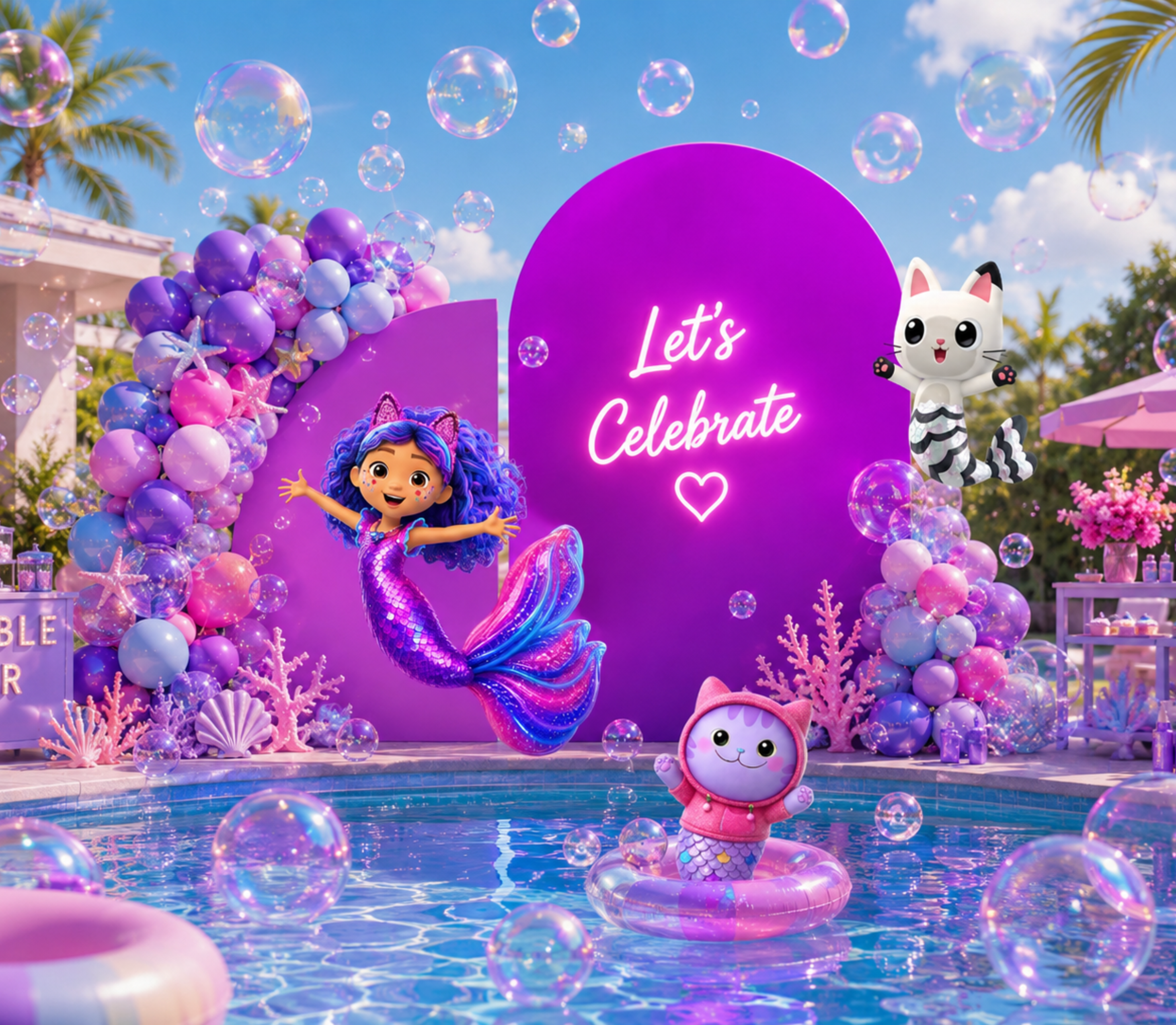 Purple Gabby's Dollhouse mermaid pool party backdrop with personalized panel and ocean character cutouts
