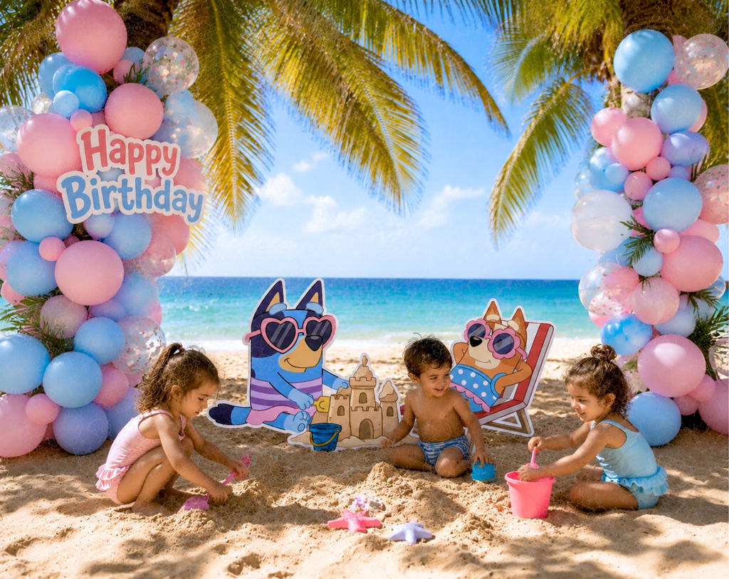 Custom Blue Puppy Pool Party Backdrop & Cutouts | Personalized Summer Kids Birthday Decorations