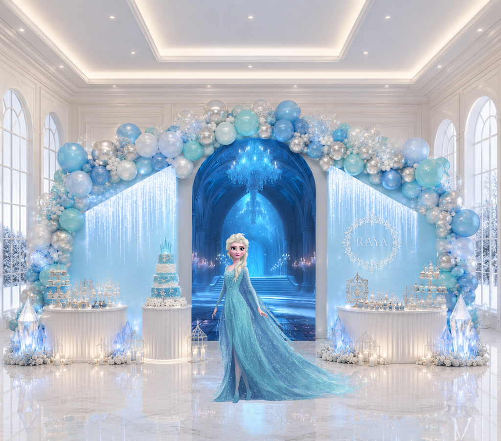 Snow Queen Princess Ice Castle Backdrop | Personalized 3-Panel Arch Birthday Party Decor
