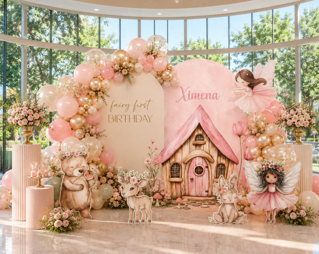 Fairy First Birthday Backdrop & Cutouts | Personalized Enchanted Garden Party Decorations