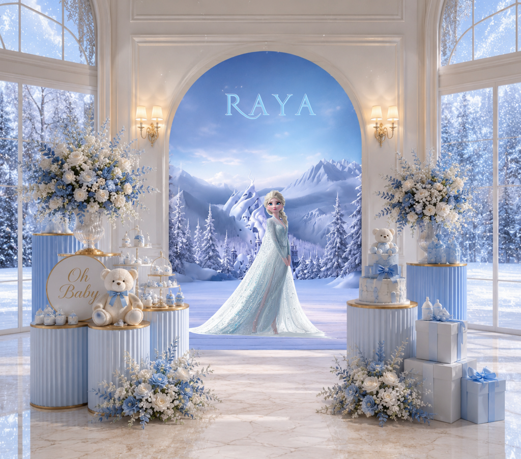 Snow Queen Princess Ice Castle Backdrop | Personalized 3-Panel Arch Birthday Party Decor