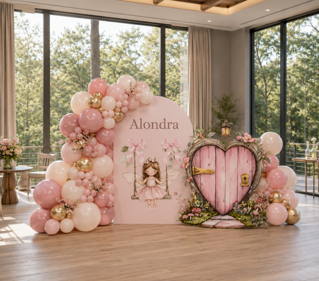 Pink fairy party backdrop with floral arrangements, pastel balloon clusters and whimsical woodland details for a first birthday.
