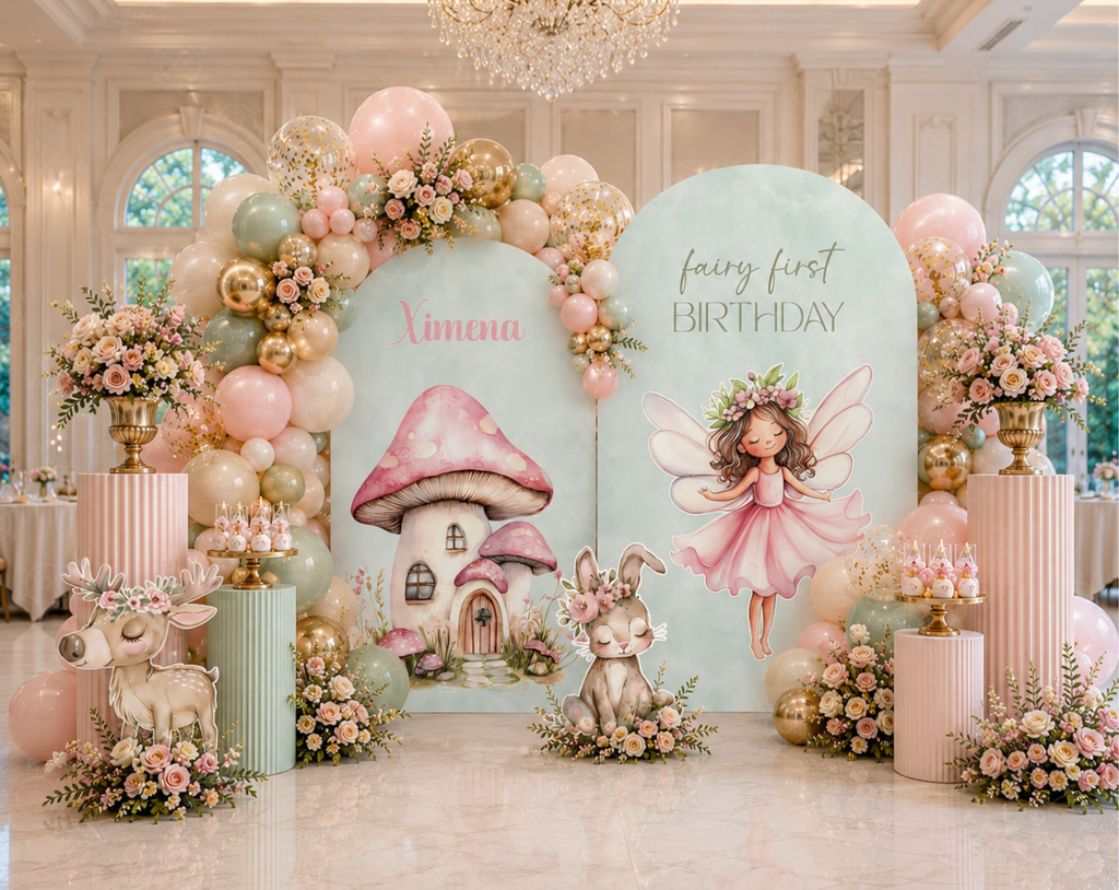 Fairy First Birthday Backdrop & Cutouts | Personalized Enchanted Garden Party Decorations