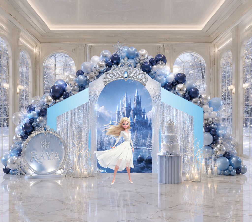 Snow Queen Princess Ice Castle Backdrop | Personalized 3-Panel Arch Birthday Party Decor
