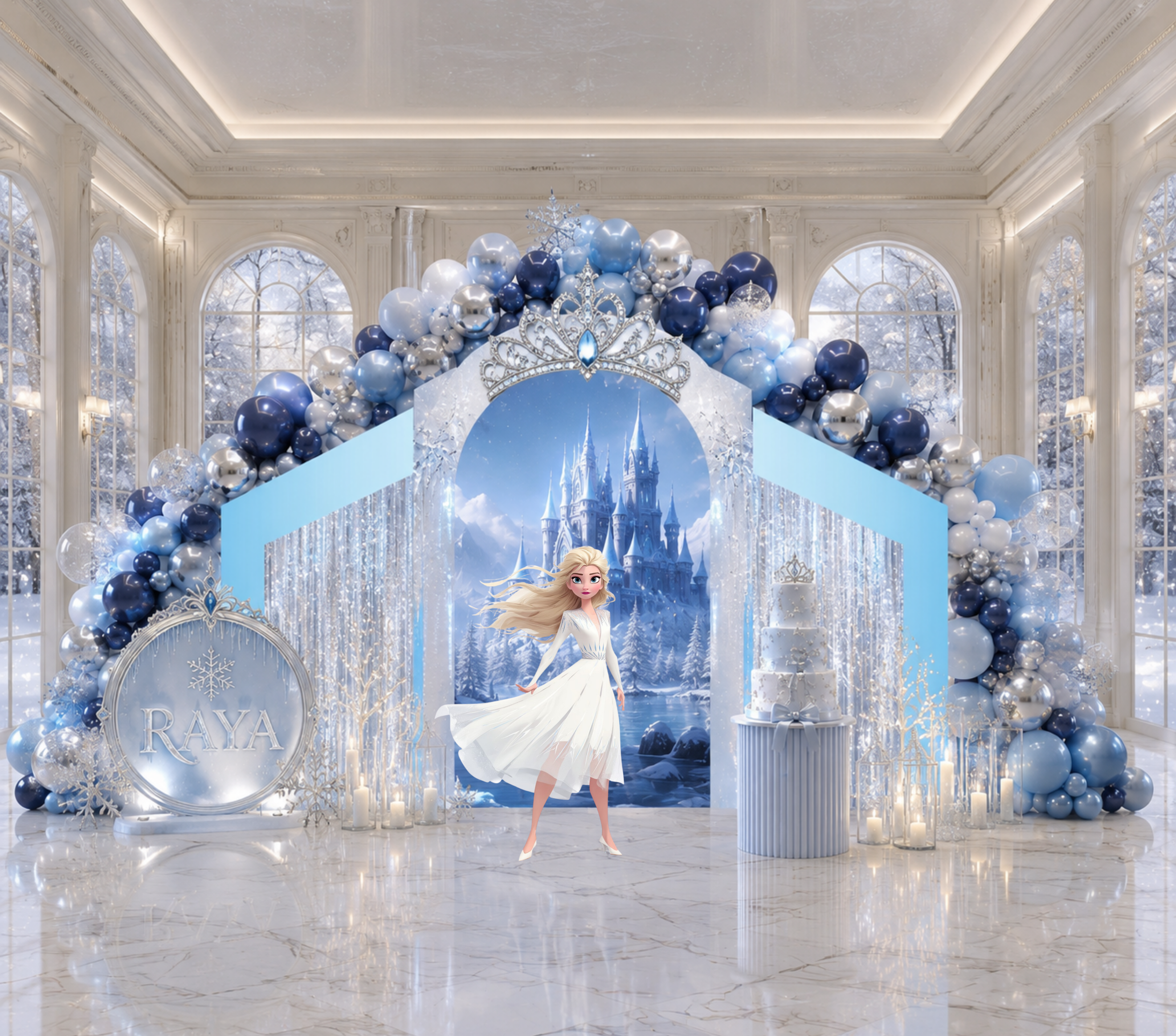 Snow Queen Princess Ice Castle Backdrop | Personalized 3-Panel Arch Birthday Party Decor