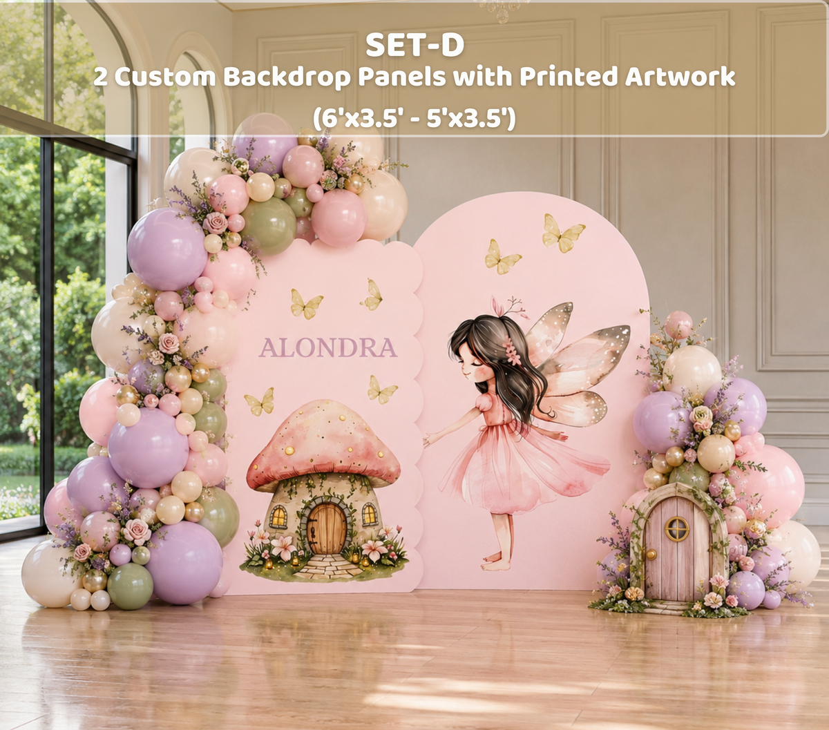 Elegant fairy birthday backdrop with personalized pink arches, flowers and soft pastel decorations for an enchanted party setup.